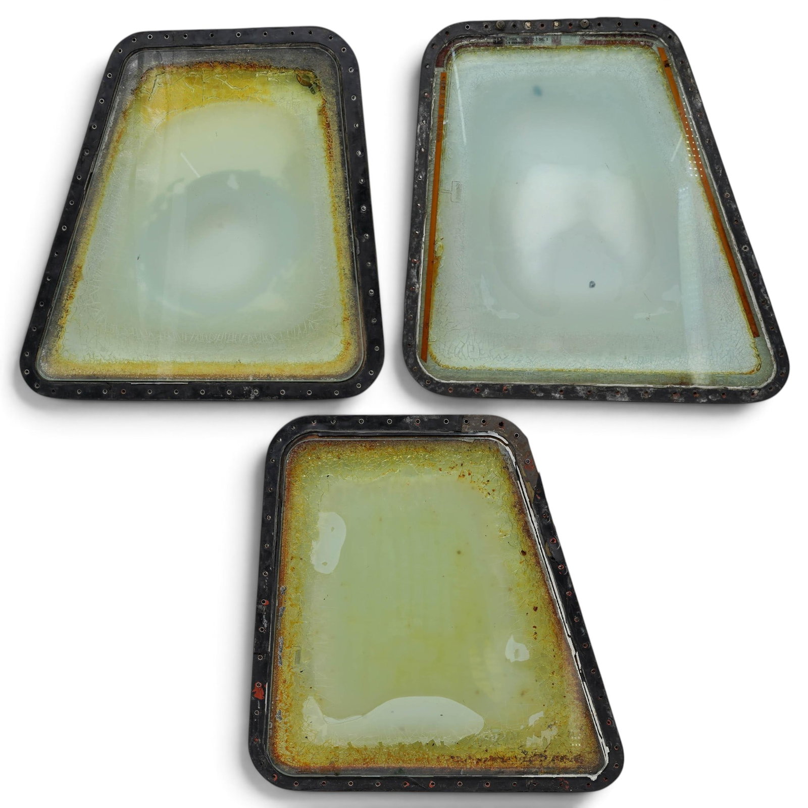 (3 pc) Heated Flight Deck Airplane Windows: (3 pc) Heated Flight Deck Airplane Windows 20th Cent, USA Likely from a Gulfstream military aircraft, the cockpit glass is heated electrically. Engineered to seal pressurized cabin on aircraft. H 20