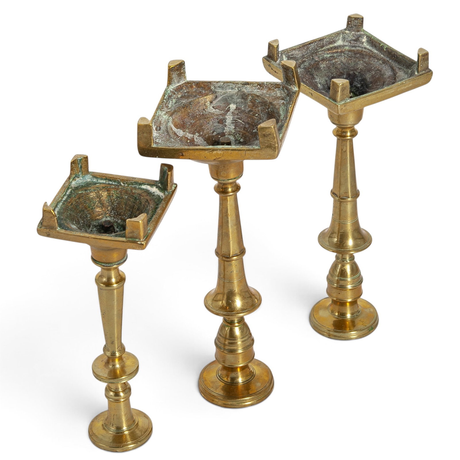 (3 pc) Antique Solid Brass Candlestick Holders - 7