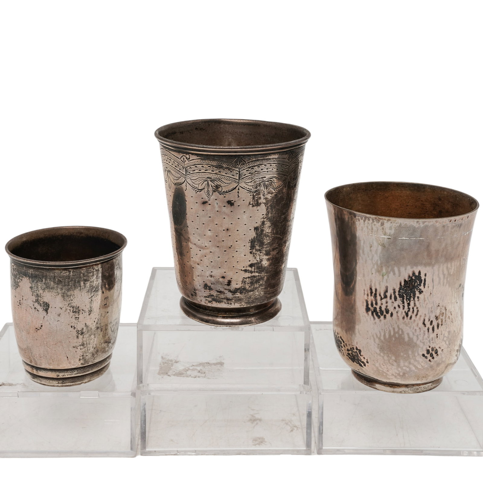 (3 pc) Antique 800/835 Silver Cups: (3 pc) Antique 800/835 Silver Cups Late 19th Century, Europe Total weight: 229.6 grams Includes: (1) Jacob Grimminger Silver Cup (1) Unmarked tested silver cup (1) One Austro-Hungarian silver cup, mar