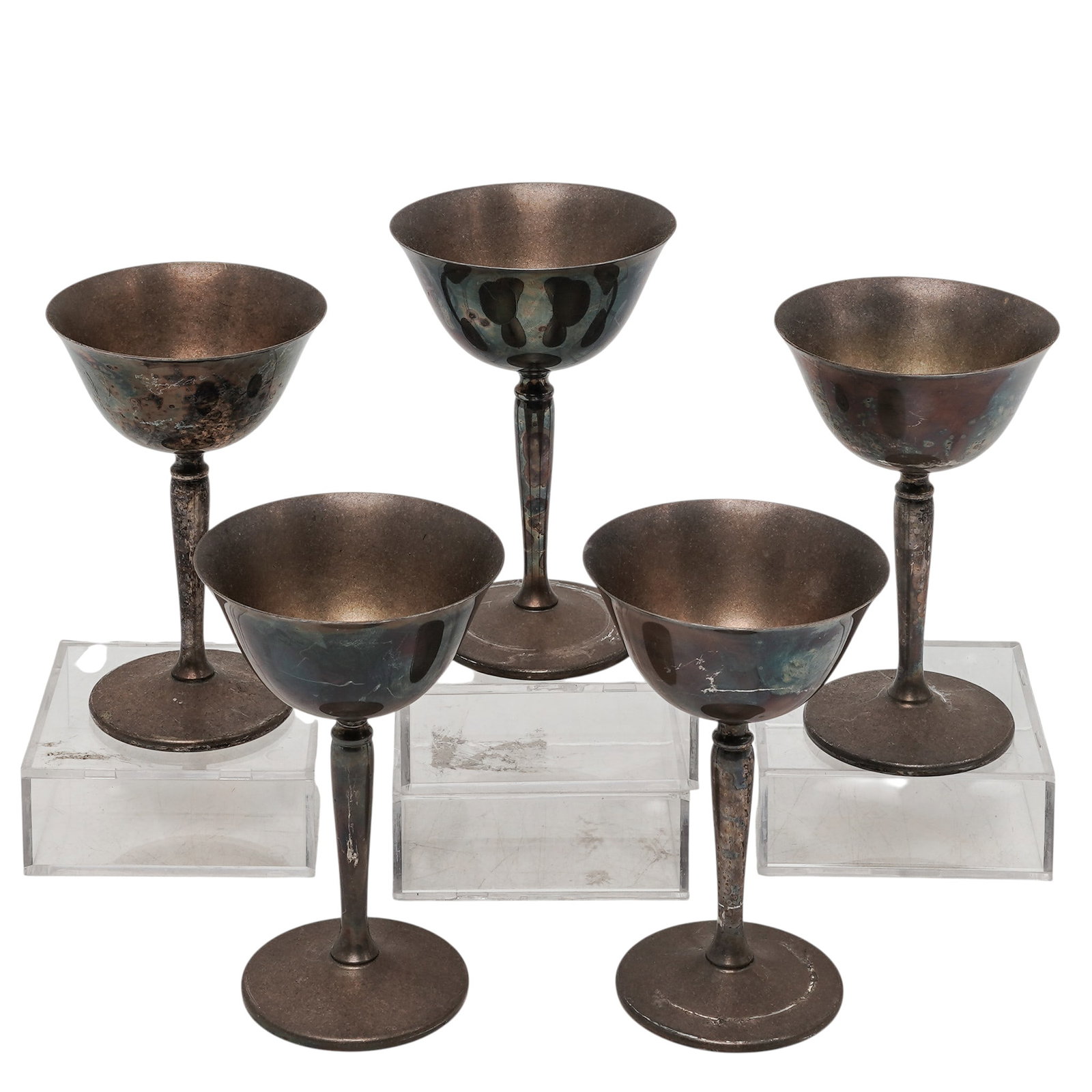 (5 pc) Crescent Silver Manufacturing Co. Silver-Plated Goblets: (5 pc) Crescent Silver Manufacturing Co. Silver-Plated Goblets c. 1940s-1960s, Five vintage silver-plated goblets manufactured by the Crescent Silver Manufacturing Company, established in New York