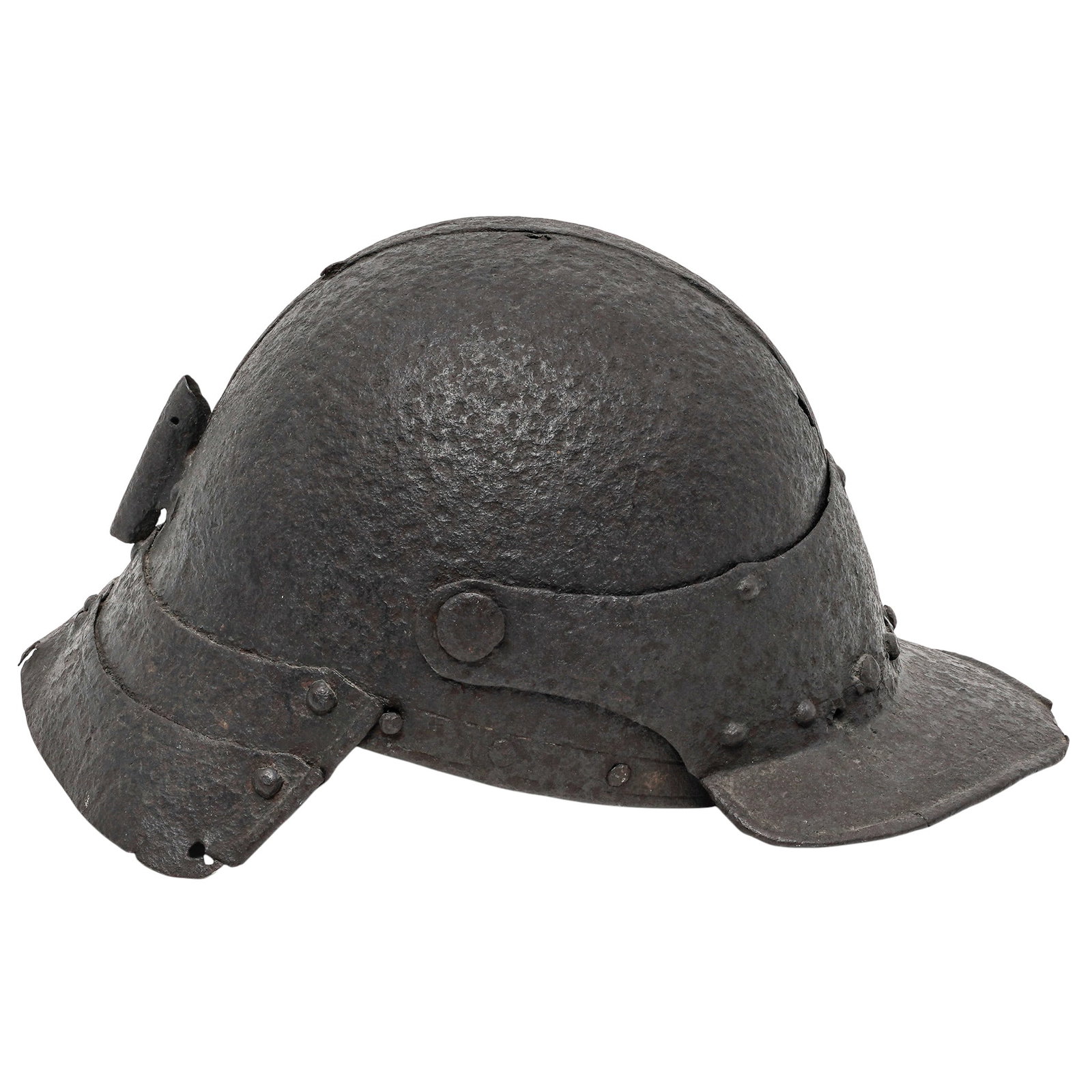 17th Cent. European Iron Pot Helmet For Cavalry Troops: 17th Cent. European Iron Pot Helmet For Cavalry Troops Mid-17th century, European Mid-17th century European lobster-tailed pot helmet, also known as a zischägge or harquebusier's pot, featuring a