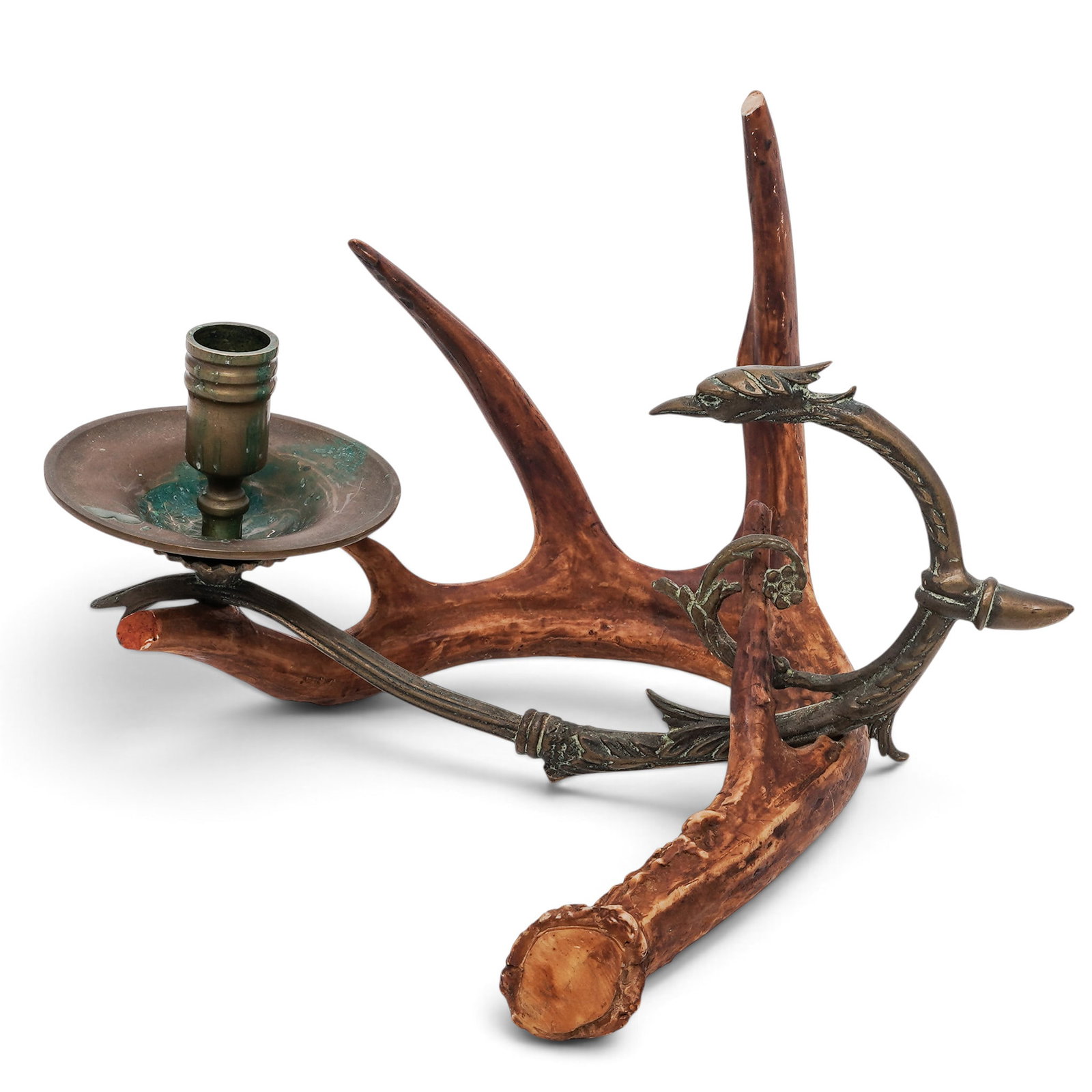 German Renaissance Revival Antler Candle Holder: German Renaissance Revival Antler Candle Holder Late 19th-early 20th century, German A German Renaissance Revival antler candle holder. Ornate, scrolling metalwork mimic Renaissance-era hand-forged