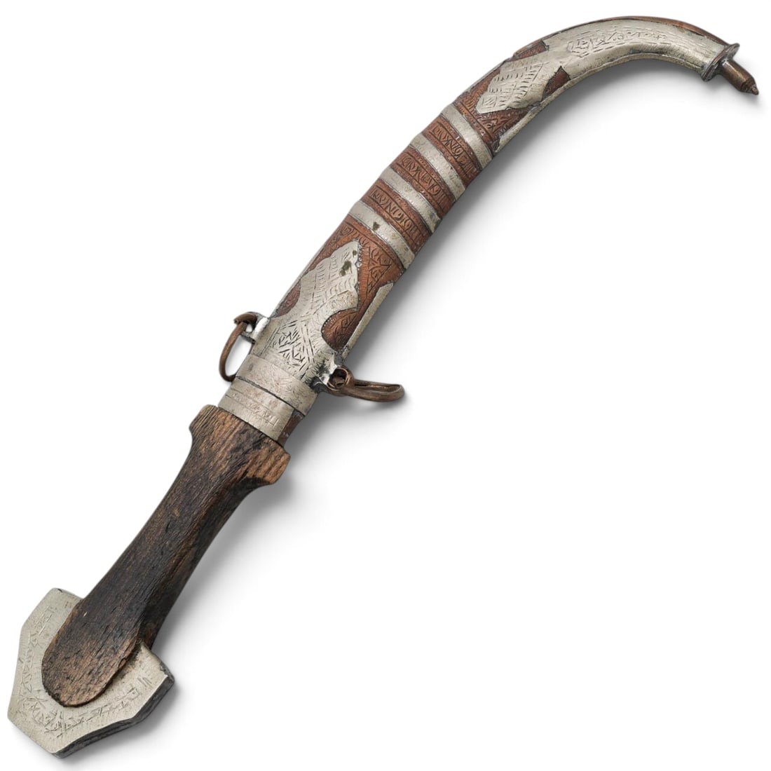 Vintage Moroccan Wood & Metal Koummya Dagger: Vintage Moroccan Wood & Metal Koummya Dagger Mid 20th Cent., Moroccan Moroccan Koummya curved dagger, complete with its matching hand-decorated scabbard. The piece features a contoured wooden hilt acc