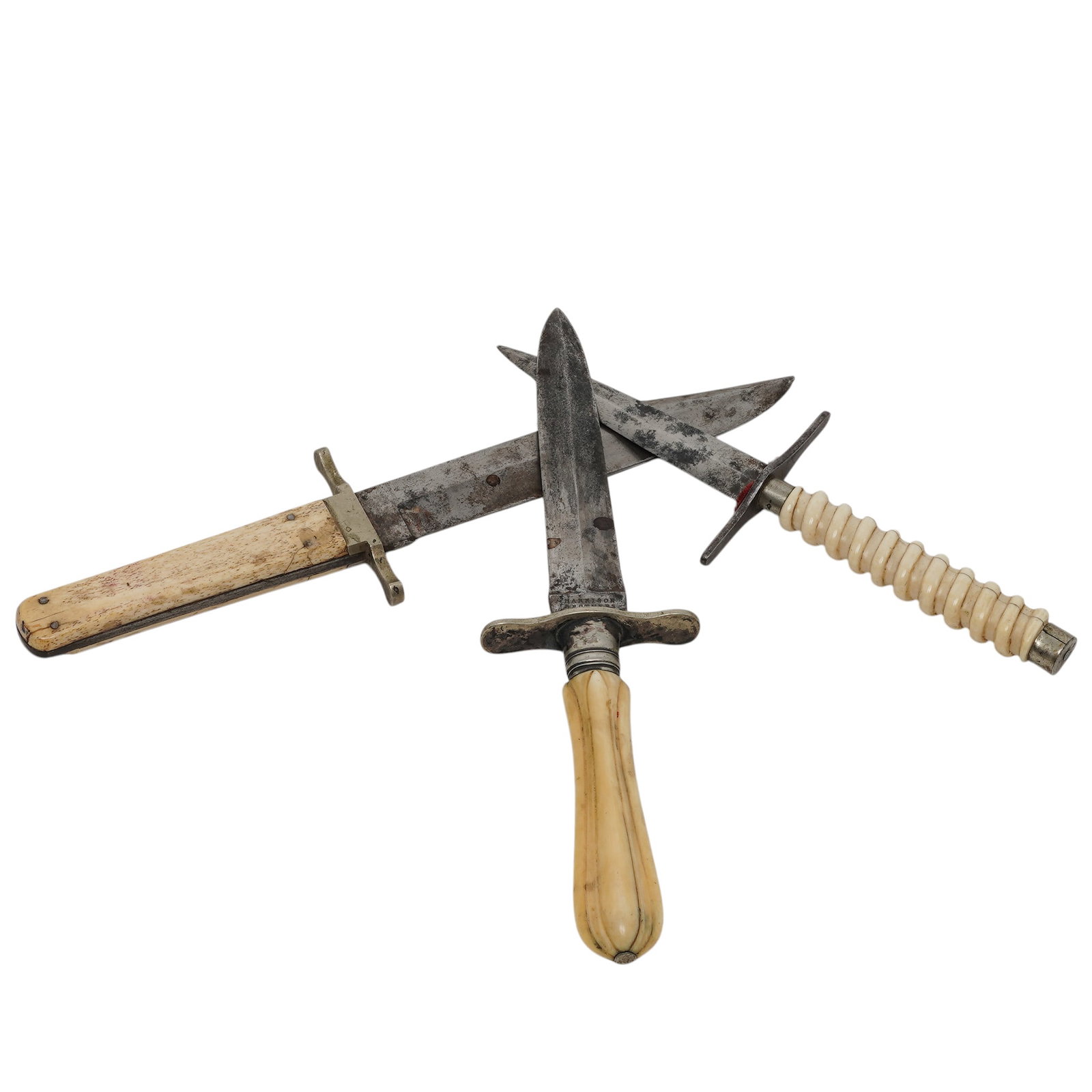 (3 pc) Antique English Carved Bone Handle Knives & Dagger (1 of 5)