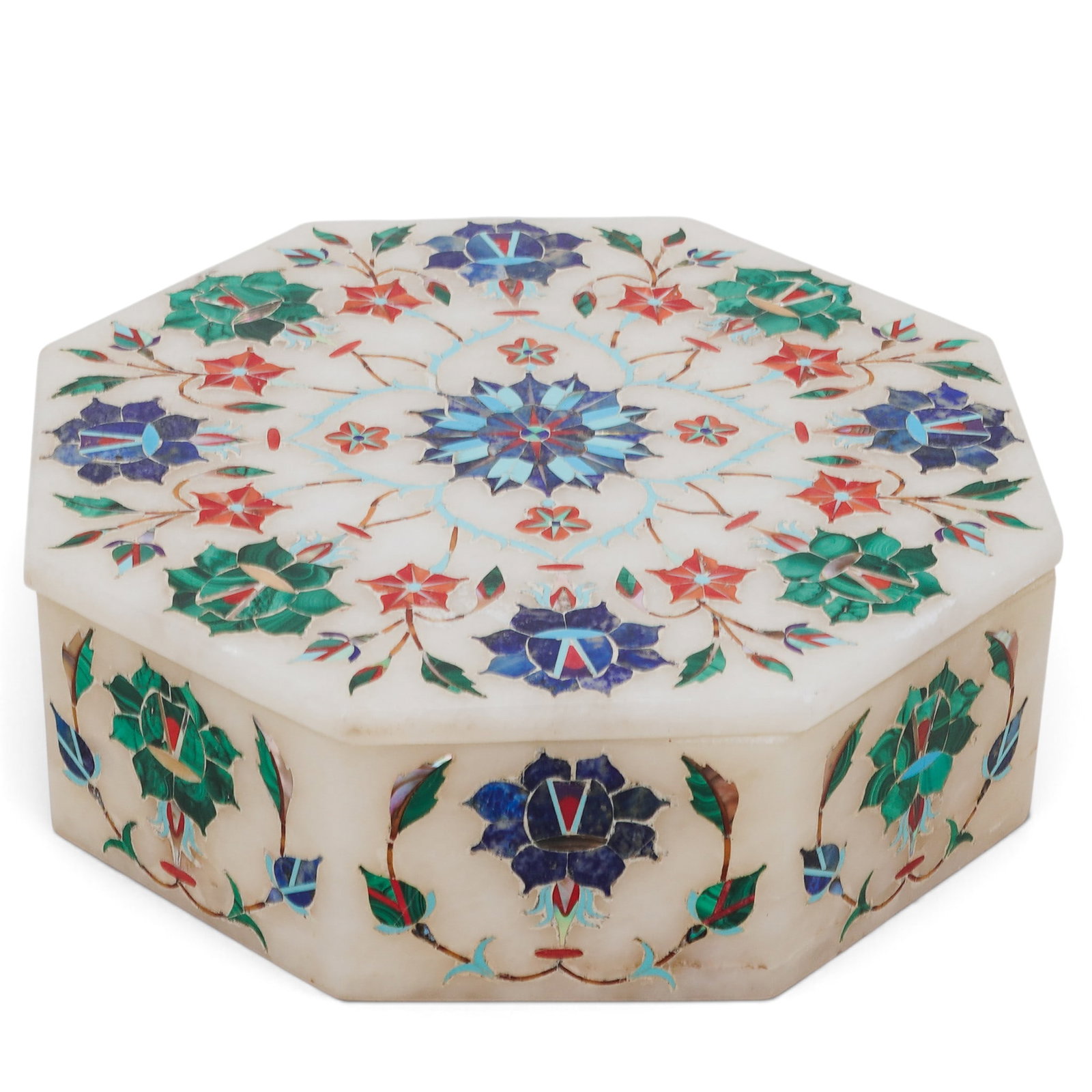 C.C.I.C Indian Marble Inlay Trinket Box: C.C.I.C Indian Marble Inlay Trinket Box 20th Cent Indian This handcrafted Indian marble inlay jewelry box is a stunning octagonal trinket casket sculpted entirely from solid white Makrana marble and