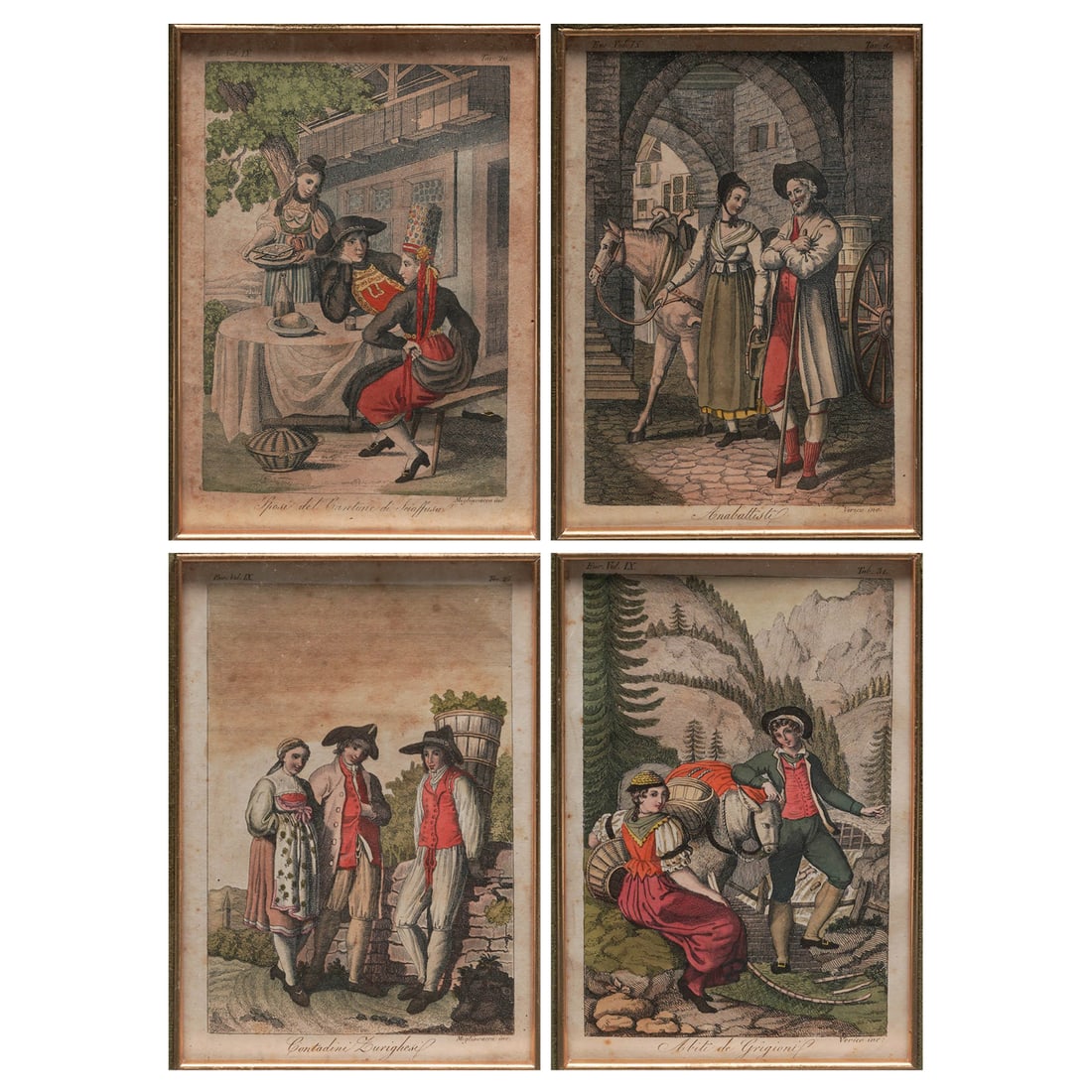 (4 pc) Antique Swiss Hand Colored Copper Engravings: (4 pc) Antique Swiss Hand Colored Copper Engravings 19th Century, Switzerland A grouping of four antique hand-colored copper engravings depicting figures in traditional European dress and rural settin