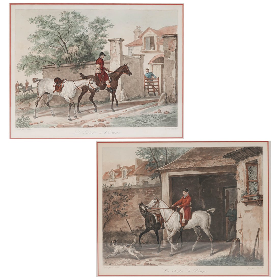 (2 pc) After Carle Vernet (French, 1758-1836) Equestrian Hand Colored Engravings: (2 pc) After Carle Vernet (French, 1758-1836) Equestrian Hand Colored Engravings Early 19th Century, France A pair of hand colored engravings After Carle Vernet, comprising "La Sortie de l'Écurie"