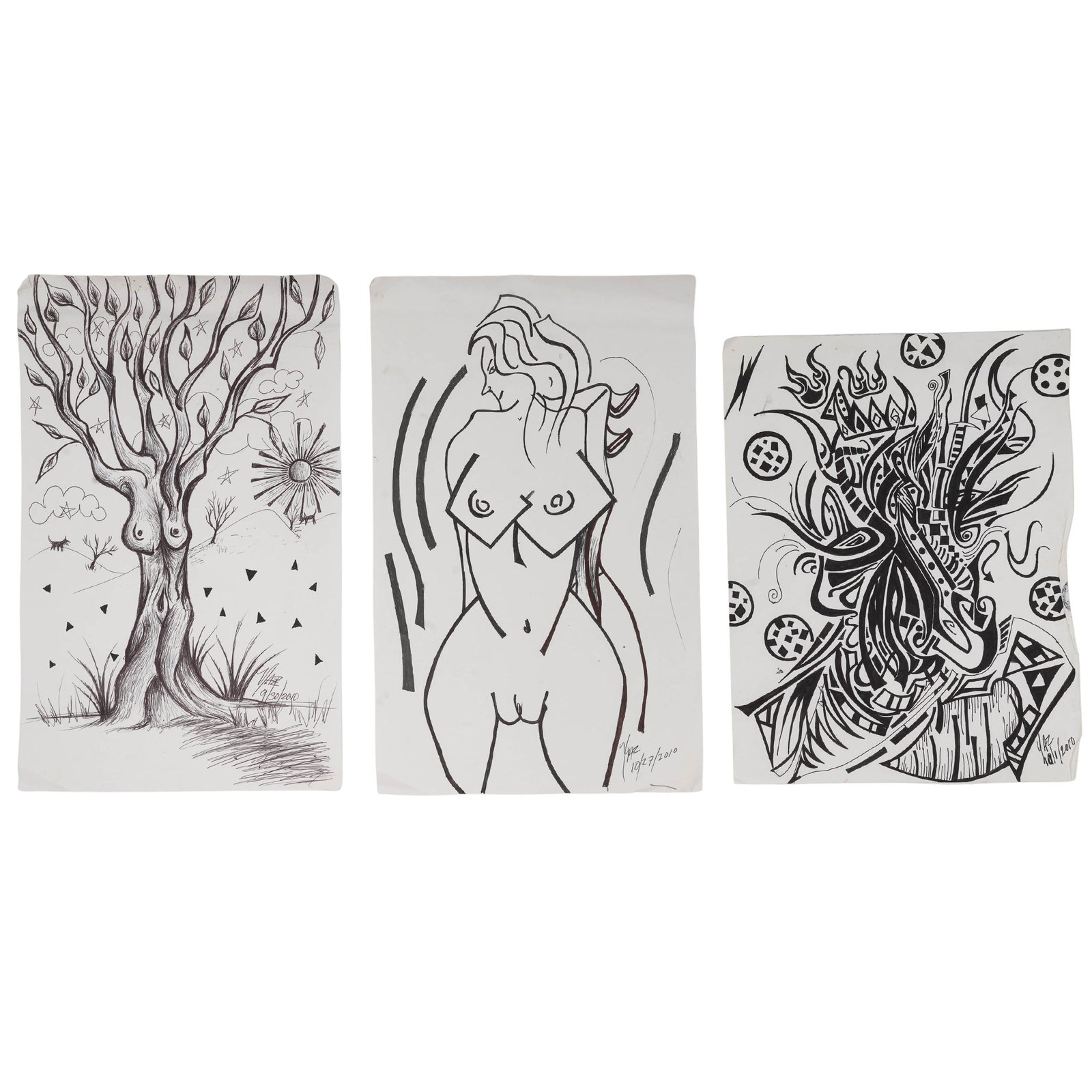 (3 pcs) Signed "Yaz" Artist's Sketches On Paper: (3 pcs) Signed "Yaz" Artist's Sketches On Paper 2010 A set of three marker on paper sketches, each signed "Yaz" in the lower right corner and dated 2010. Each H 12"-14" x W 8.5"