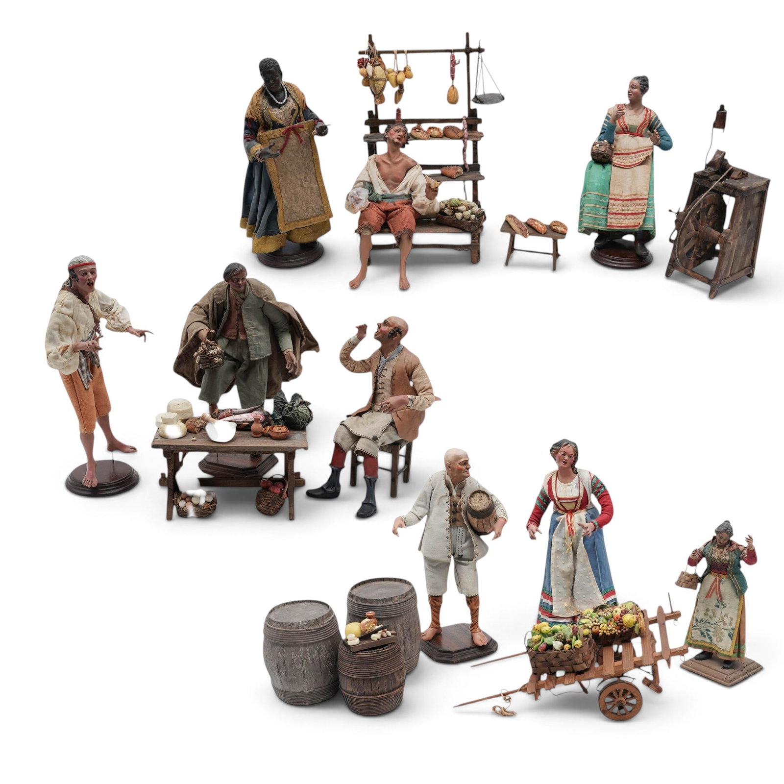 Antique Neapolitan Terracotta Village Market Genre Figures: Antique Neapolitan Terracotta Village Market Genre Figures 19th to 20th Cent., Italian Italian terracotta village market group. Reflecting the historic Italian tradition of pastori di genere.This high