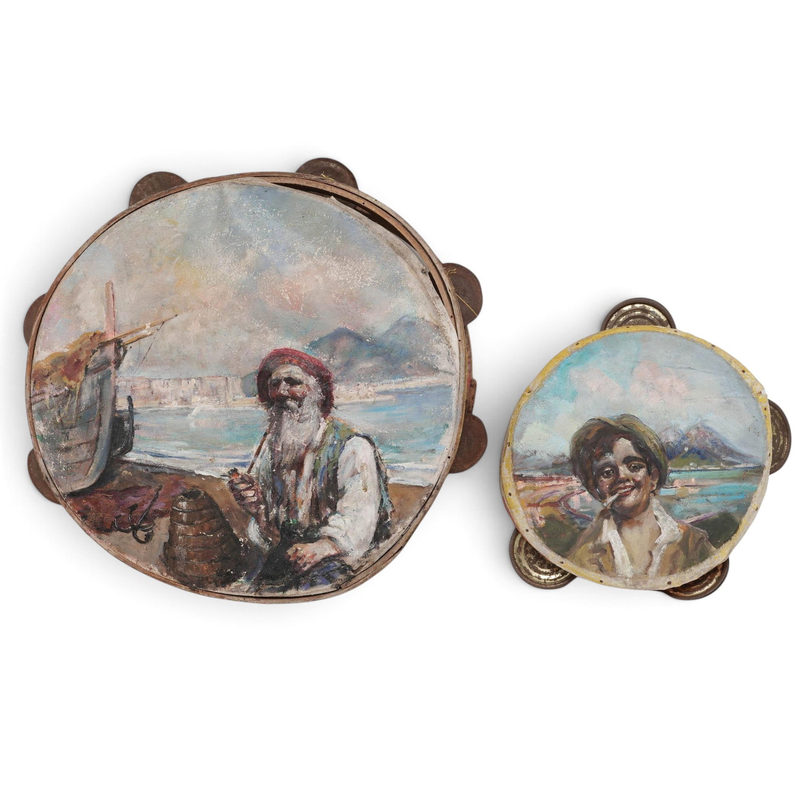 (2 pc) Antique European Oil Paintings on Tambourines (1 of 7)