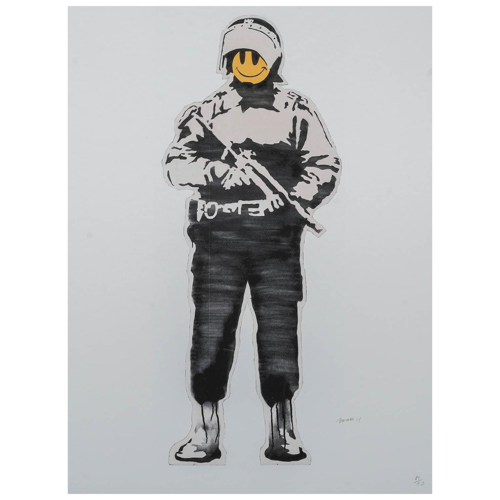 After Banksy 'Smiling Copper' Lithograph: After Banksy 'Smiling Copper' Lithograph 21st Century, England A limited-edition lithographic reproduction after Banksy, depicting a British police officer in riot gear with a yellow smiley face