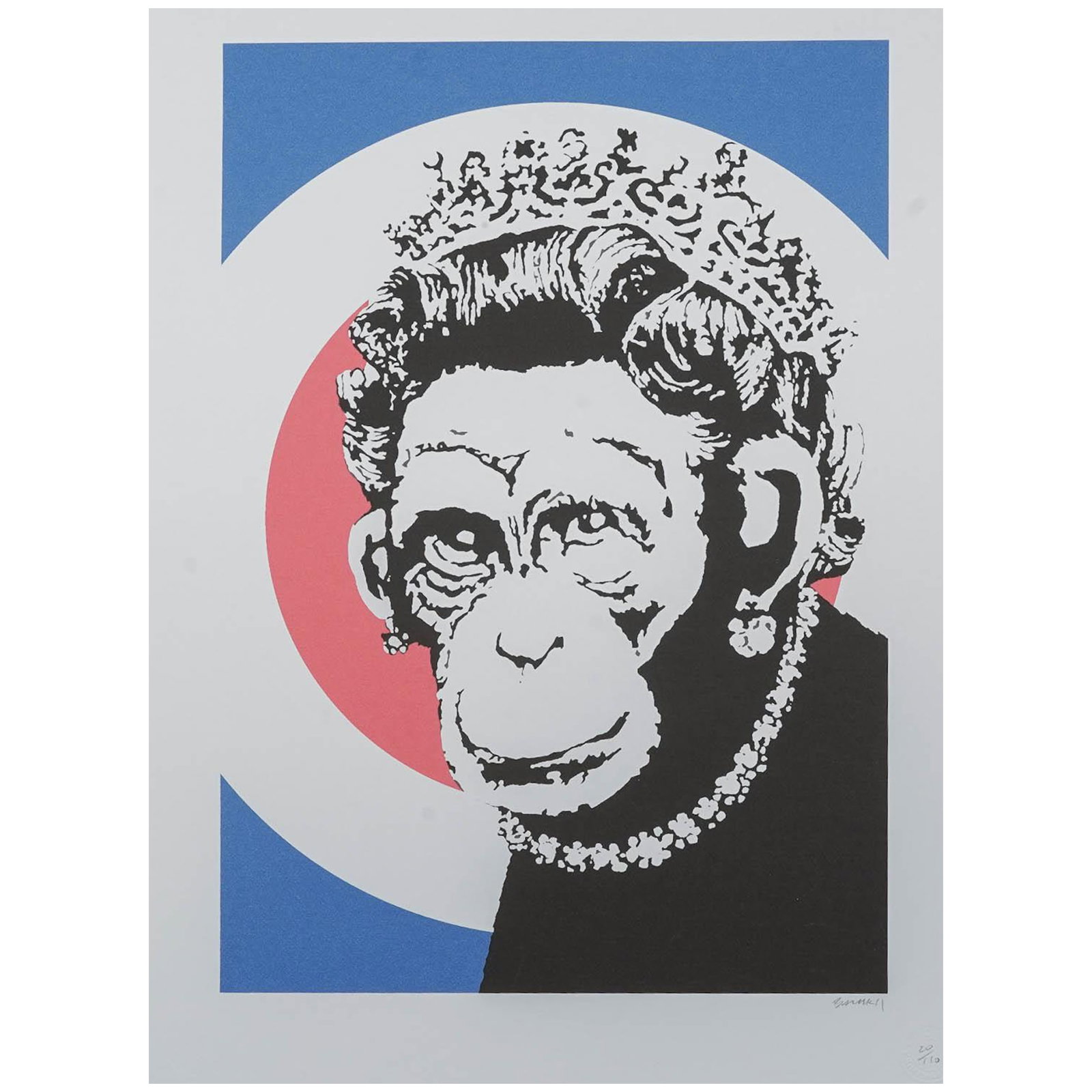After Banksy 'Monkey Queen' Lithograph: After Banksy 'Monkey Queen' Lithograph 21st Century, England after Banksy, depicting a crowned monkey rendered in black and white against a bold red, white, and blue circular ground. Pencil signed by 