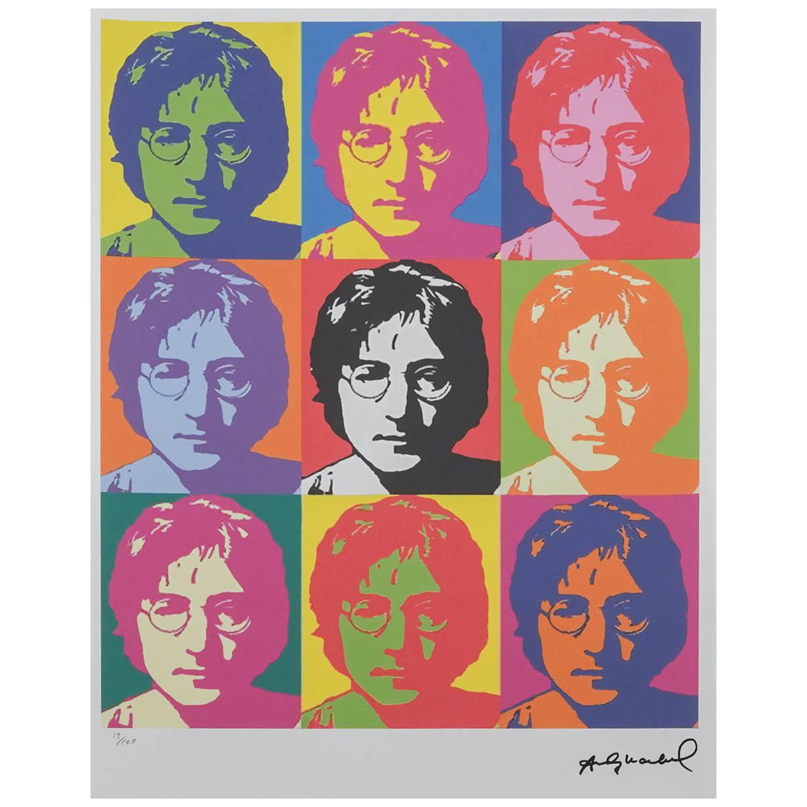 After Andy Warhol 'John Lennon' Lithograph: After Andy Warhol 'John Lennon' Lithograph 21st Century, France A colorful print after Andy Warhol, depicting nine repeated portraits of John Lennon arranged in a three-by-three grid in vibrant
