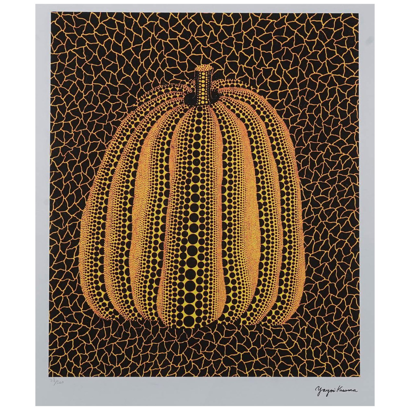 After Yayoi Kusama 'Pumpkin' Lithograph: After Yayoi Kusama 'Pumpkin' Lithograph 21st Century, England after Yayoi Kusama, depicting a stylized yellow pumpkin covered in her signature polka-dot pattern against a black ground of interlocking