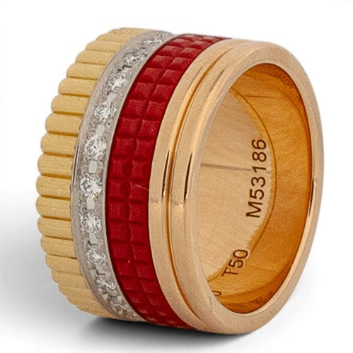Boucheron "Quatre Red" Edition 18k Gold Ceramic & Diamond Ring: Boucheron "Quatre Red" Edition 18k Gold Ceramic & Diamond Ring 2020s, French 18K yellow, white, and rose gold Boucheron Quatre Red Edition large ring with red ceramic Clou de Paris band, grooved gold 