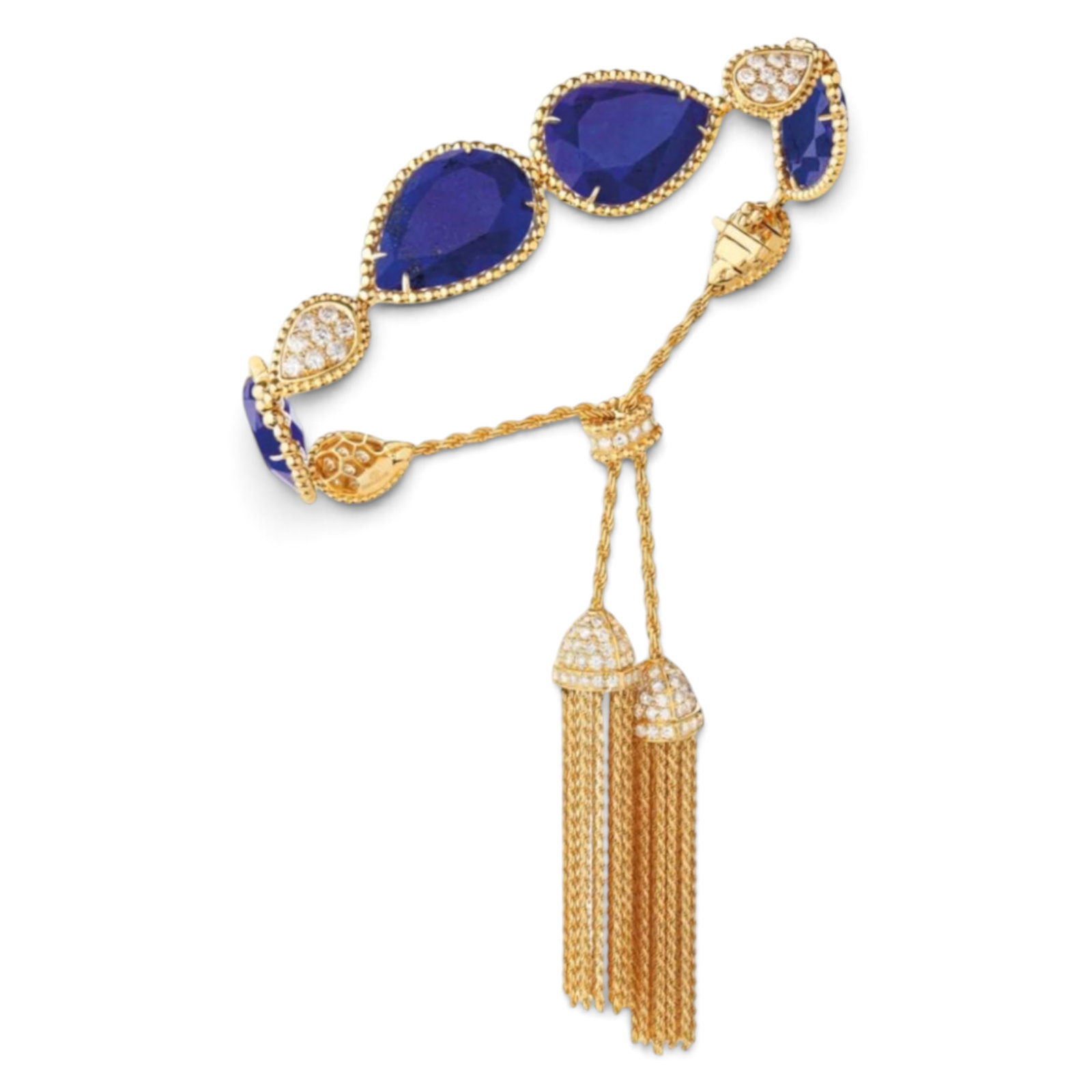 Boucheron "Serpent Boheme Pompon" 18k Gold Lapis Lazuli & Diamond Bracelet: Boucheron "Serpent Boheme Pompon" 18k Gold Lapis Lazuli & Diamond Bracelet 2020s, French 18K yellow gold Boucheron Serpent Bohème Pompon bracelet with pear-shaped faceted lapis lazuli stations, pear-