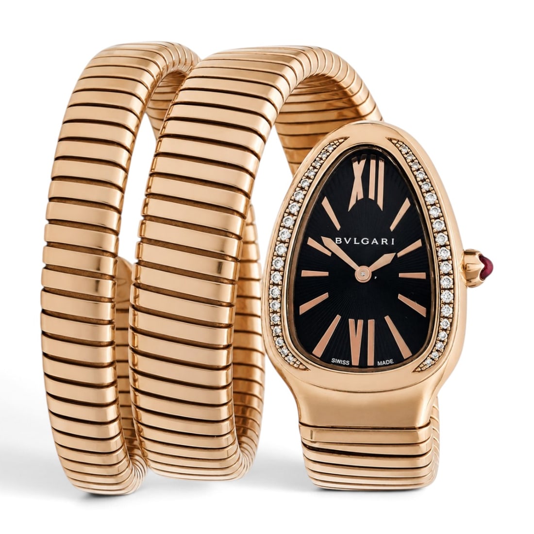 Bvlgari "Serpenti Tubogas" 18K Gold & Diamond Ladies Watch REF SP P 35 G: Bvlgari "Serpenti Tubogas" 18K Gold & Diamond Ladies Watch REF SP P 35 G 2020s, Swiss Bvlgari Serpenti Tubogas SP P 35 G 18K gold quartz ladies watch with black opaline guilloché soleil dial, factory