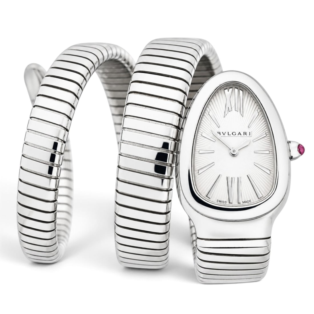 Bvlgari "Serpenti Tubogas" Steel Ladies Watch REF SP 35 S: Bvlgari "Serpenti Tubogas" Steel Ladies Watch REF SP 35 S 2020s, Swiss Bvlgari Serpenti Tubogas SP 35 S stainless steel quartz ladies watch with silver opaline guilloché soleil dial, double-spiral fl