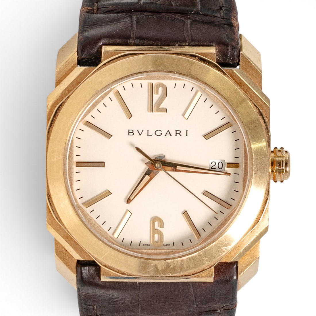 Bvlgari "Octo Solotempo" 18k Watch REF 102119: Bvlgari "Octo Solotempo" 18k Watch REF 102119 2010s, Swiss Bvlgari Octo Solotempo automatic wristwatch in 18k rose gold with faceted Octo case, cream dial, applied indexes, Arabic 12 and 6 numerals, d