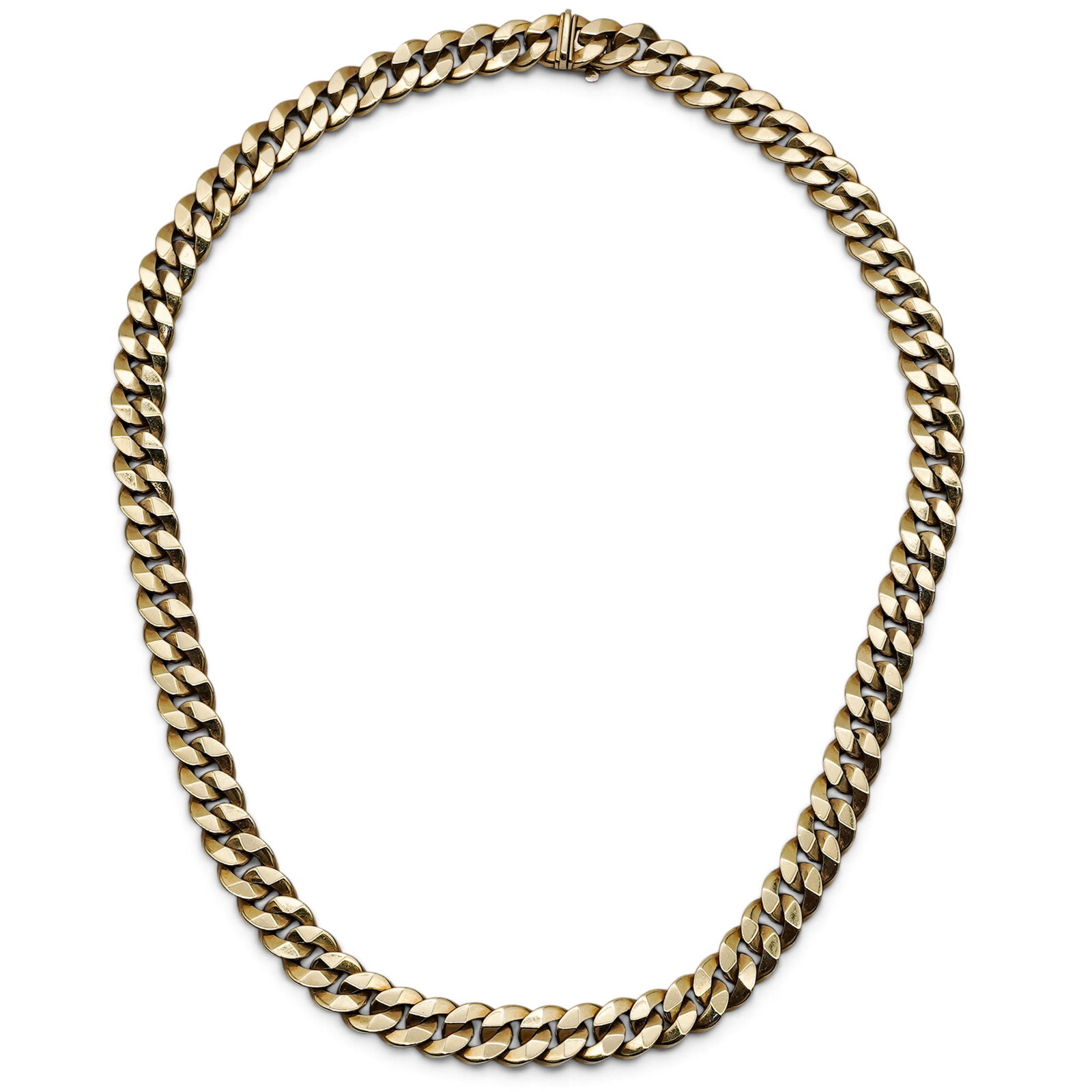 Bvlgari 18K Gold Heavy Curb Link Necklace: Bvlgari 18K Gold Heavy Curb Link Necklace 1970s-1990s, Italian Bvlgari 18K yellow gold heavy curb link chain necklace with substantial flat links and signed box clasp, accompanied by Bulgari fitted pr