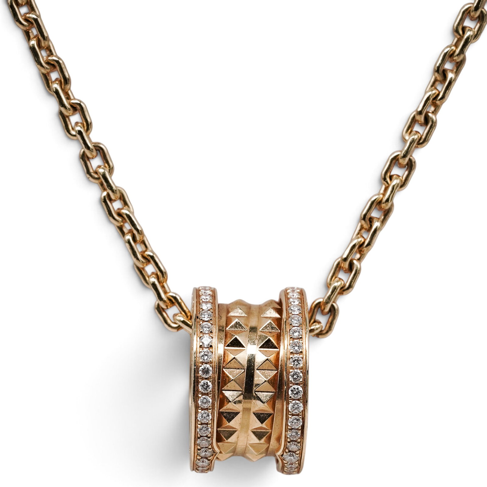 Bvlgari "B.zero1" 18K Gold & Diamond Pendant Necklace: Bvlgari "B.zero1" 18K Gold & Diamond Pendant Necklace Contemporary, Italian Bvlgari 18K yellow gold necklace with B.zero1 style circular pendant, “BVLGARI BVLGARI” logo border, central pyramid