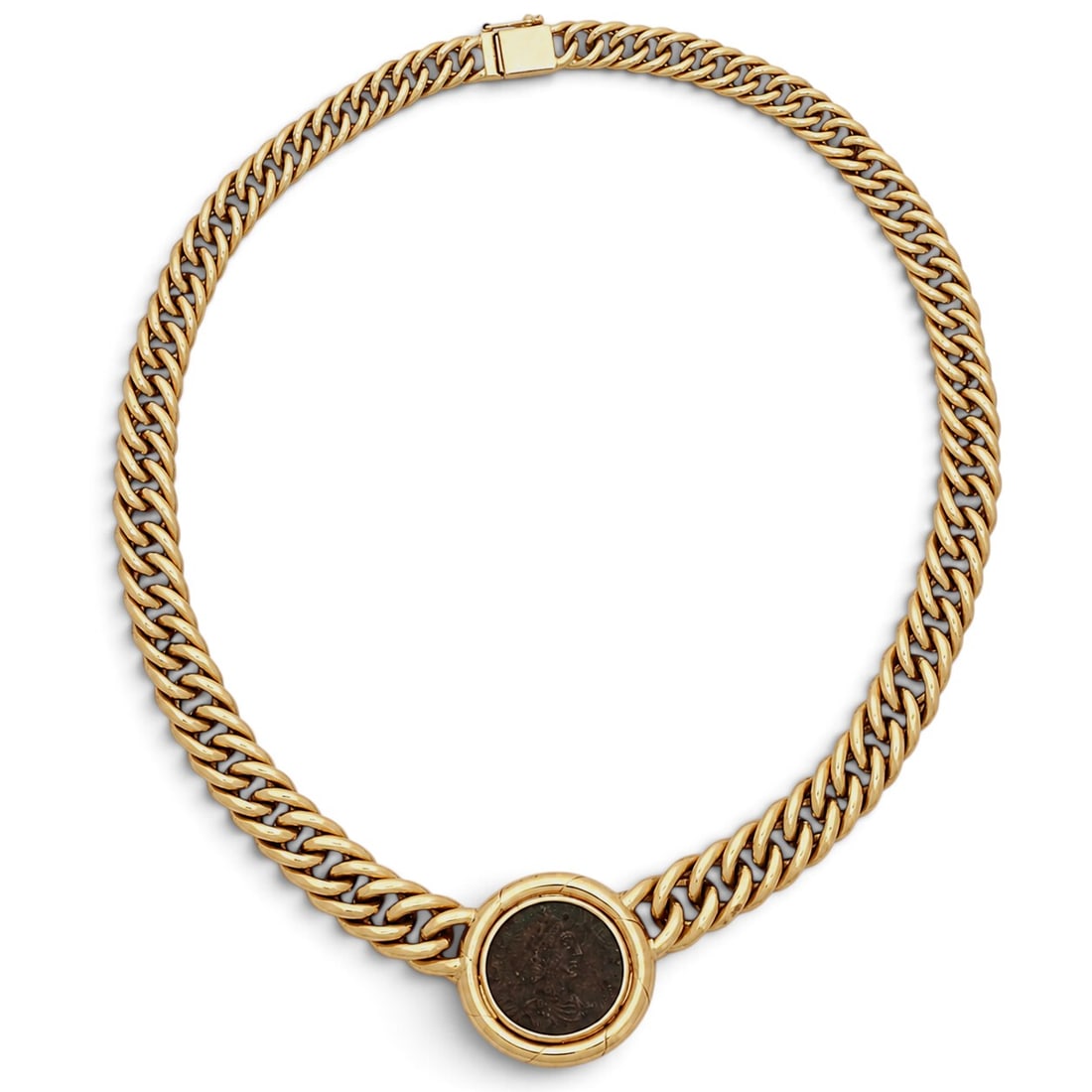 UNOAERRE 18K Gold Bvlgari Style Ancient Roman Coin Necklace: UNOAERRE 18K Gold Bvlgari Style Ancient Roman Coin Necklace 1890s, Italian UNOAERRE 18K yellow gold Bvlgari style curb-link necklace with bezel-set ancient Roman Imperial bronze coin with heavy double