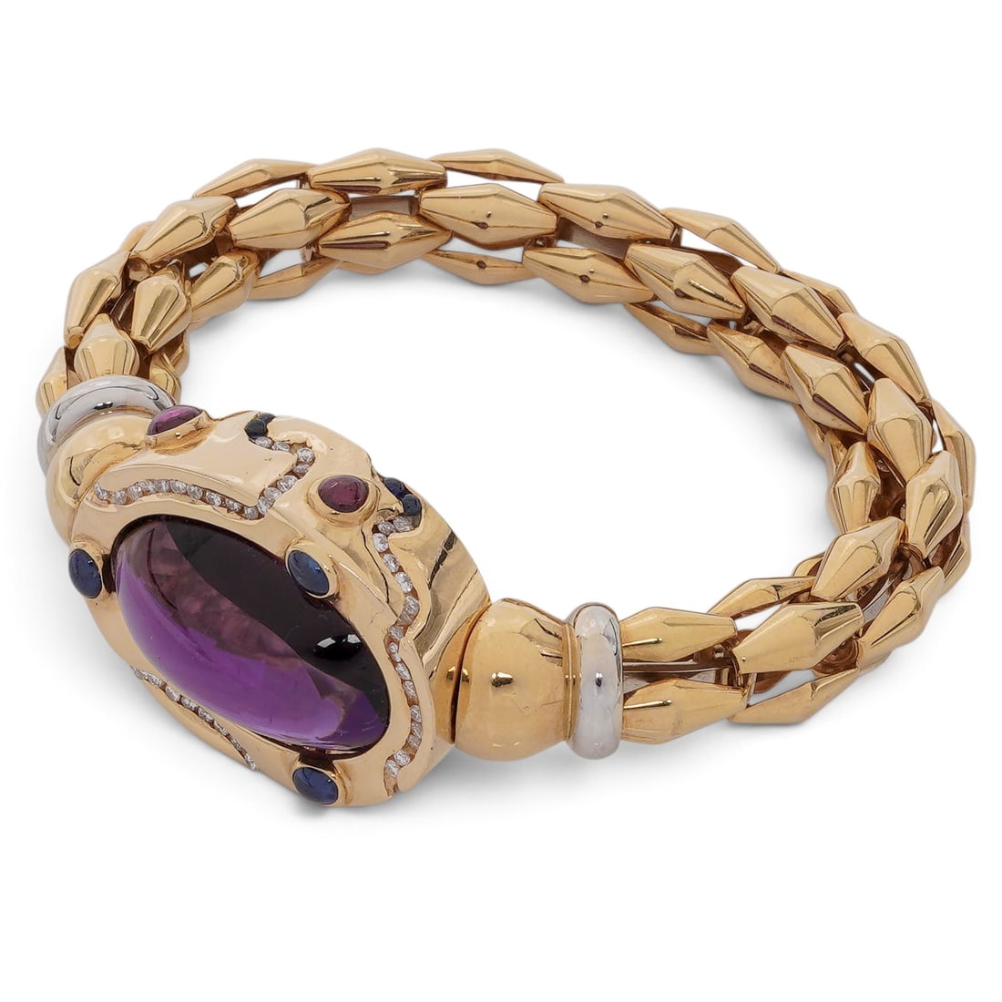 FOPE 18K Gold Amethyst Ruby Sapphire & Diamond Bracelet: FOPE 18K Gold Amethyst Ruby Sapphire & Diamond Bracelet Late 20th Century, Italian 18K yellow gold bangle bracelet with oval cabochon amethyst centerpiece, ruby and sapphire cabochon accents, white VS