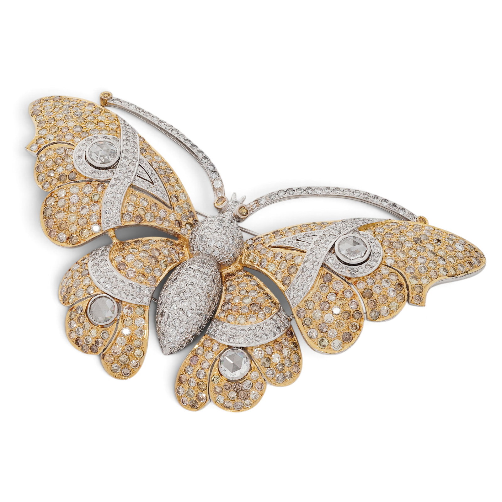 Large 18K Gold & Diamond Butterfly Brooch: Large 18K Gold & Diamond Butterfly Brooch 1980s 18K gold butterfly brooch with pavé-set white and yellow diamonds accented by four larger rose-cut diamonds and fitted with hinged pin stem closure. St