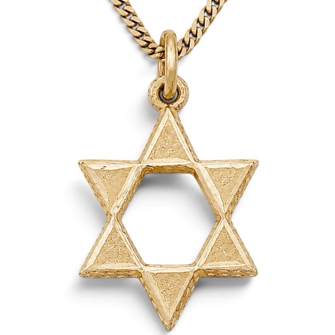 14K Gold Star of David Pendant Necklace: 14K Gold Star of David Pendant Necklace Late 20th Century 14K yellow gold pendant necklace with textured openwork Star of David pendant, suspended from a fine box-link chain with clasp closure. Markin