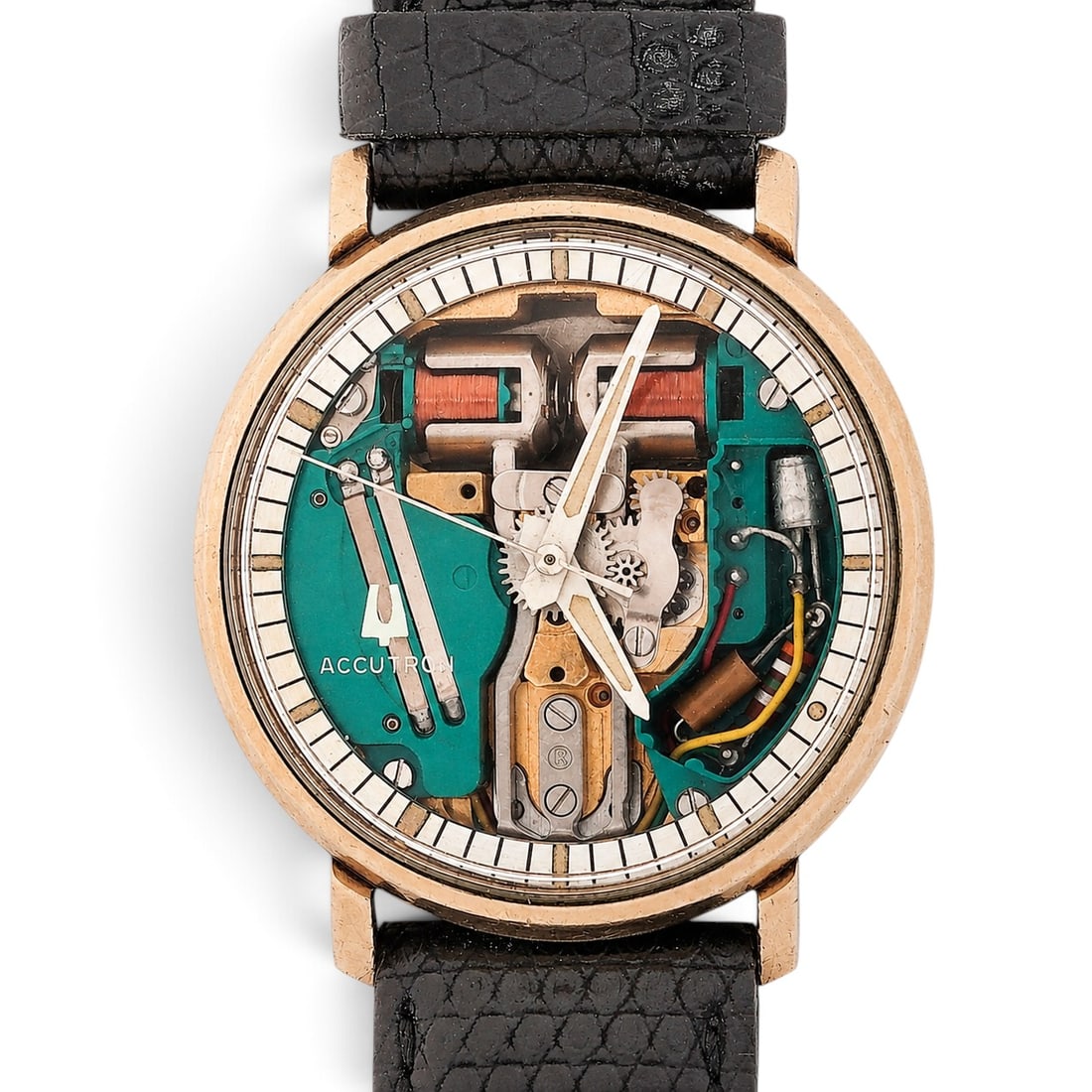 Vintage Bulova "Accutron Spaceview " Watch: Vintage Bulova "Accutron Spaceview " Watch 1972, Swiss/USA Vintage Bulova Accutron Spaceview chapter ring watch with exposed electronic tuning fork movement, visible green circuit board, copper coils,