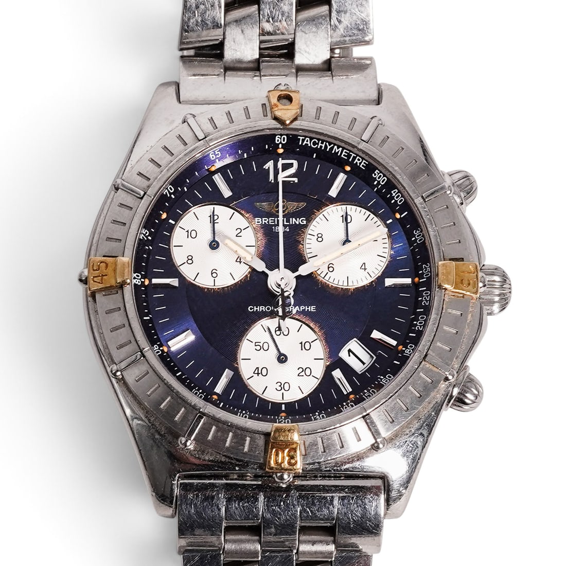 Breitling "Chronomat" Stainless Steel Watch REF A53011: Breitling "Chronomat" Stainless Steel Watch REF A53011 1990s, Swiss Breitling Chronomat A53011 chronograph wristwatch with stainless steel case and bracelet, blue dial, silver-tone subsidiary register