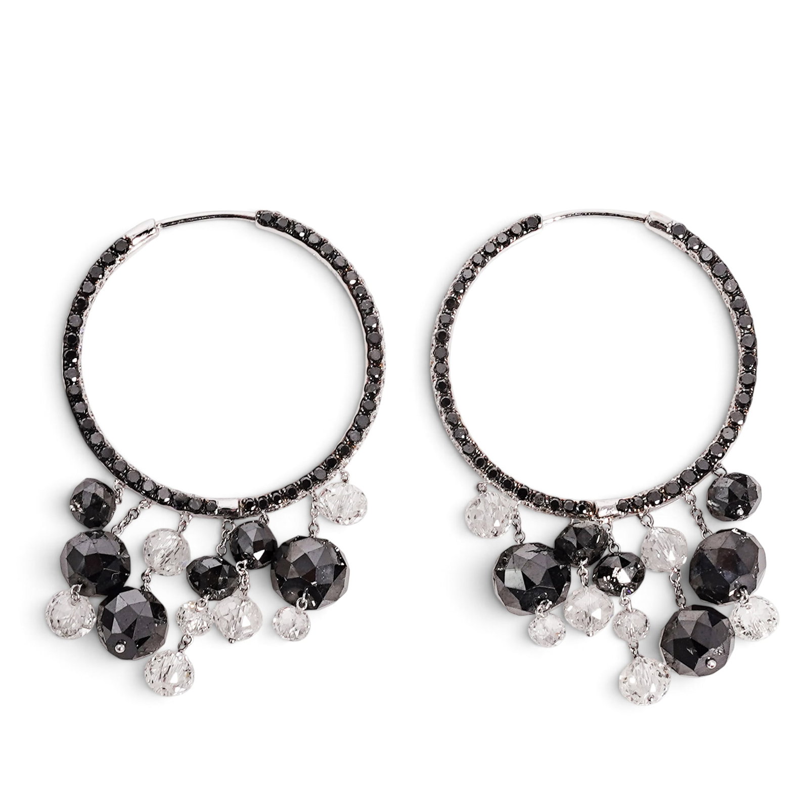 Martin Katz 18K Gold Black Diamond & Crystal Hoop Earrings: Martin Katz 18K Gold Black Diamond & Crystal Hoop Earrings Contemporary, USA Martin Katz 18K gold black diamond and crystal charm hoop earrings with inside-out style pavé black diamond hoop foundatio