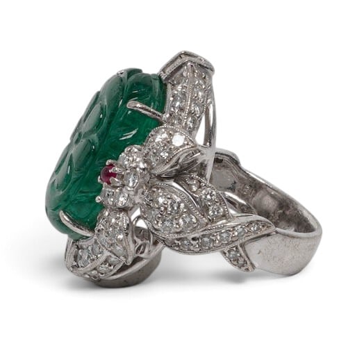 Signed 18K Gold Carved Emerald Ruby & Diamond Ring - 2