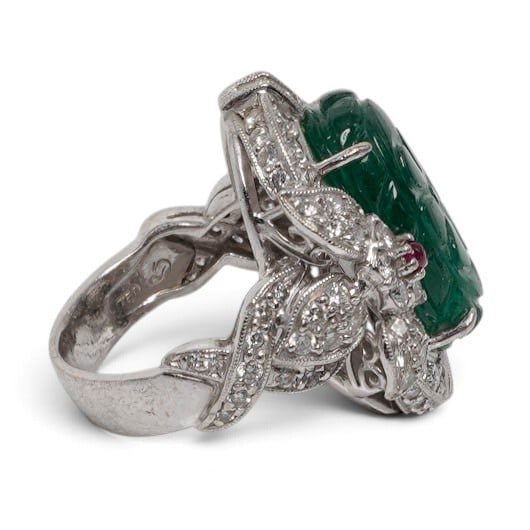 Signed 18K Gold Carved Emerald Ruby & Diamond Ring - 4