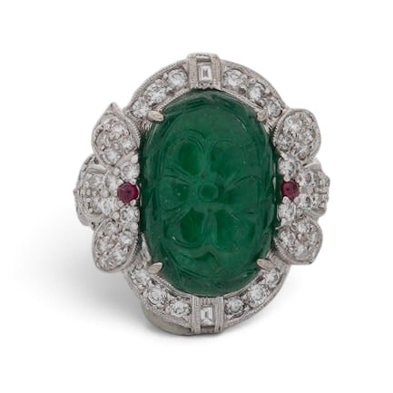 Signed 18K Gold Carved Emerald Ruby & Diamond Ring - 5