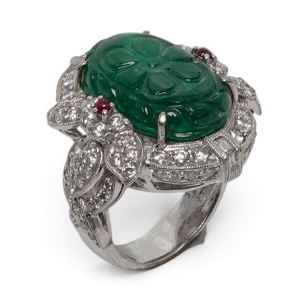 Signed 18K Gold Carved Emerald Ruby & Diamond Ring - 6