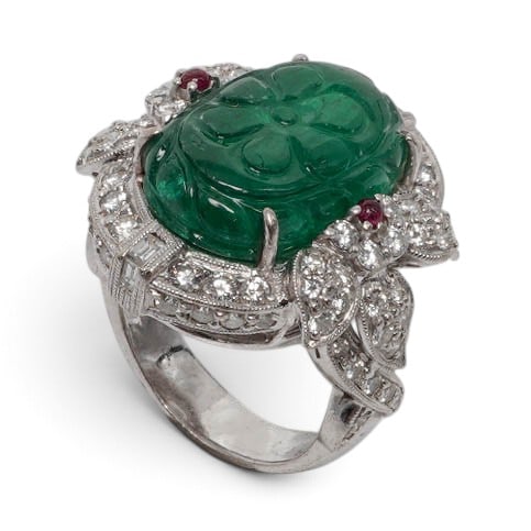 Signed 18K Gold Carved Emerald Ruby & Diamond Ring - 7