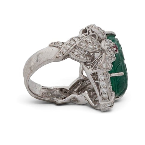 Signed 18K Gold Carved Emerald Ruby & Diamond Ring - 8