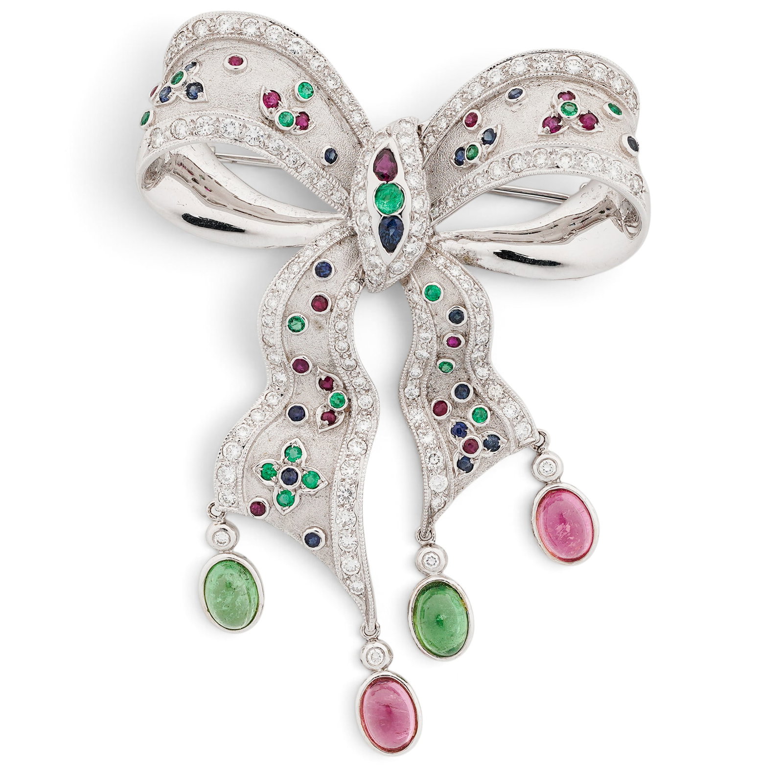 Mark Areias Jewelers 18K Diamond & Gemstone Bow Brooch: Mark Areias Jewelers 18K Diamond & Gemstone Bow Brooch Contemporary, USA Mark Areias Jewelers 18k white gold bow brooch with diamond-set edges, scattered ruby, sapphire, emerald and garnet accents, wi