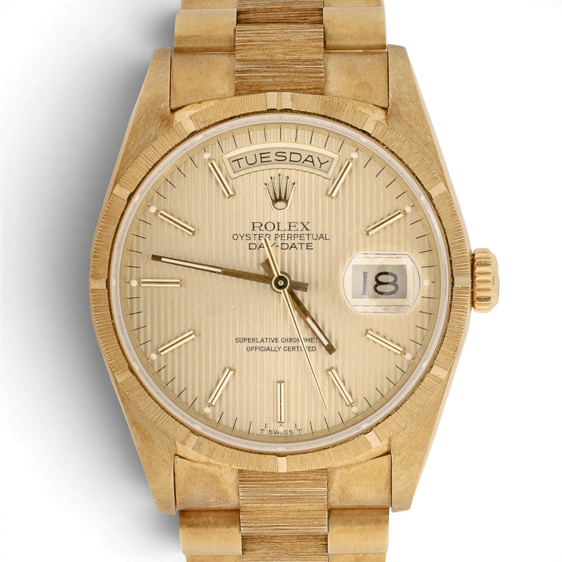 Rolex Day-Date 18k Gold Linen Dial "Bark" Watch REF 18248 Complete: Rolex Day-Date 18k Gold Linen Dial "Bark" Watch REF 18248 Complete 1987-1988, Swiss Vintage Rolex Day-Date 36 in 18K gold with champagne linen dial, day and date apertures, bark-finish bezel, and bark
