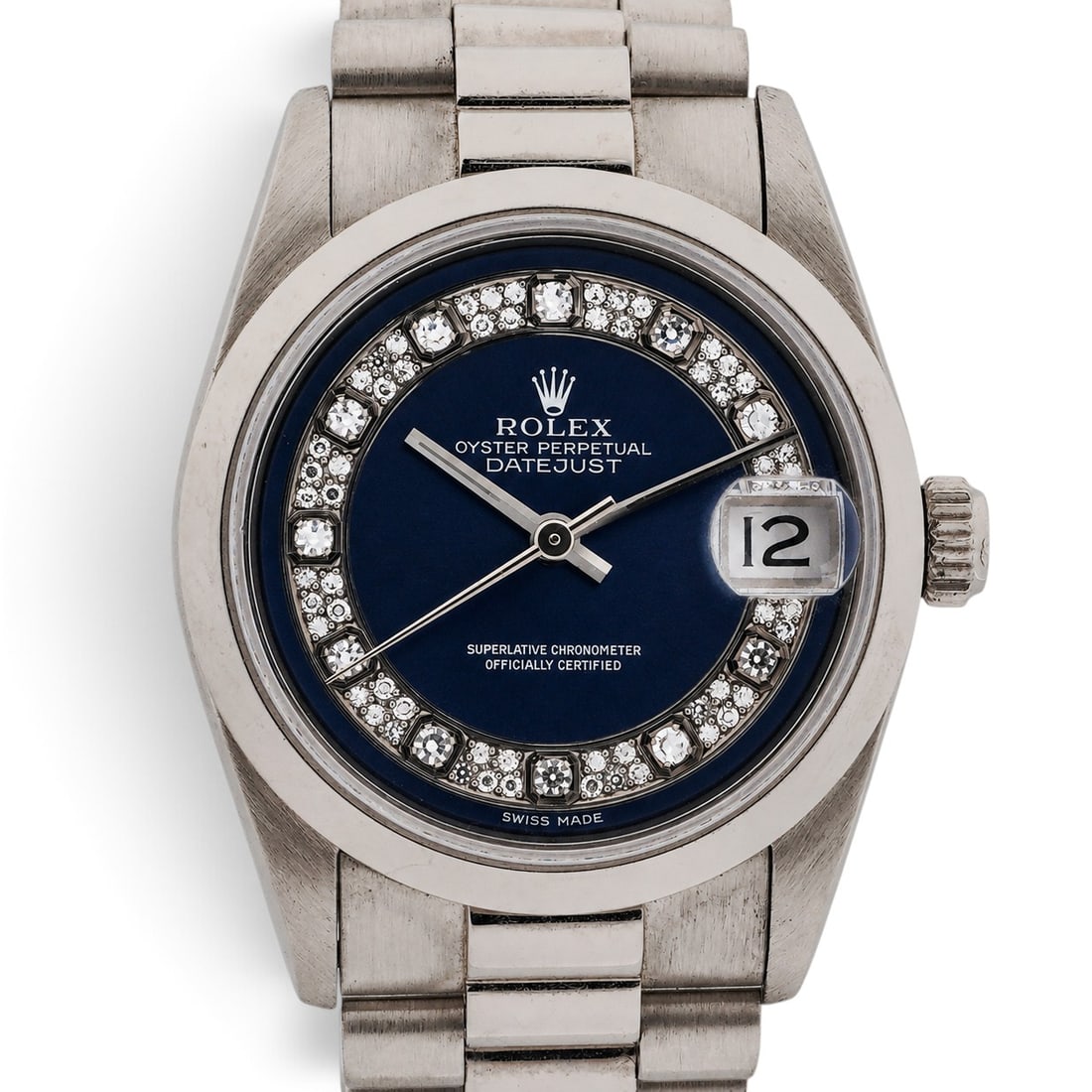 Rolex Datejust Mid-Size Platinum President Diamond Dial Watch REF 68246: Rolex Datejust Mid-Size Platinum President Diamond Dial Watch REF 68246 1998, Swiss Rolex Oyster Perpetual Datejust mid-size platinum automatic wristwatch with dark blue string diamond dial, diamond-s