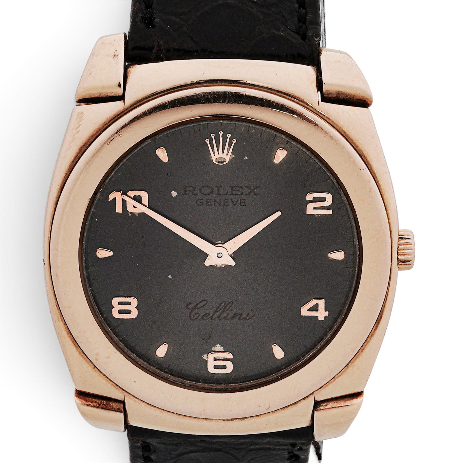 Rolex Cellini "Cestello" 18K Gold Watch REF 5330: Rolex Cellini "Cestello" 18K Gold Watch REF 5330 1990s, Swiss Rolex Cellini Cestello 18K rose gold manual wind wristwatch with rounded cushion-form case, black dial, applied gold Arabic numerals at 2,