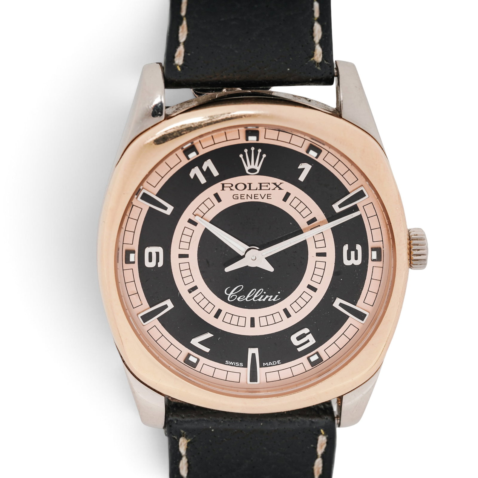 Rolex Cellini "Danaos" 18K Gold Watch REF 4243: Rolex Cellini "Danaos" 18K Gold Watch REF 4243 2000s, Swiss Rolex Cellini Danaos Ref. 4243/9BIC manual wind wristwatch with 18K white and rose gold cushion-form case, two-tone black and rose bullseye 