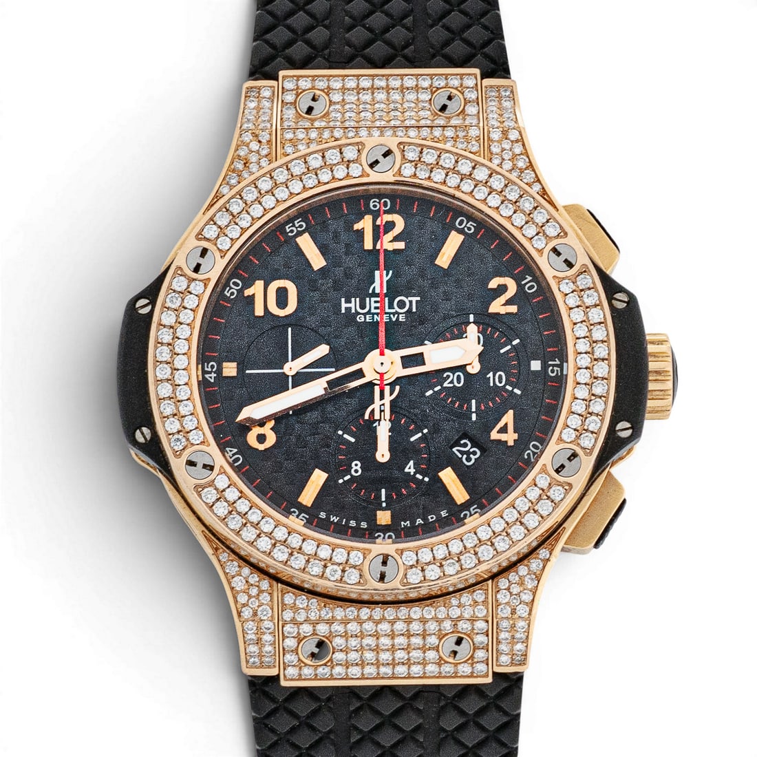 Hublot "Big Bang" Gold Ceramic 18k Diamond Watch REF 301.PM.1780.RX: Hublot "Big Bang" Gold Ceramic 18k Diamond Watch REF 301.PM.1780.RX 2010s, Swiss Hublot Big Bang Gold Ceramic automatic chronograph wristwatch in 18K rose gold with custom pavé diamond-set bezel, lug