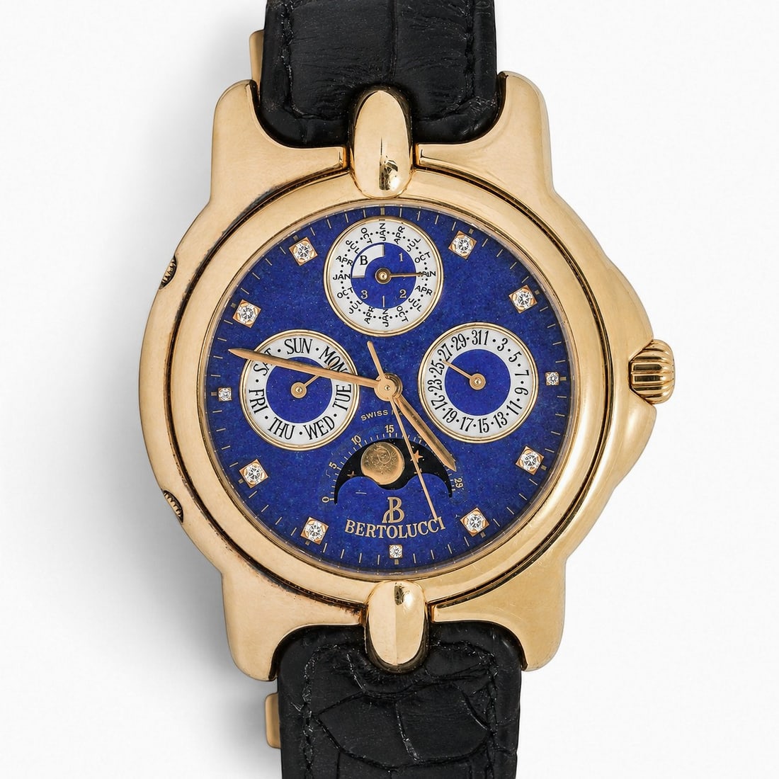 Bertolucci "Pulchra" 18K Gold Diamond Perpetual Calendar Watch REF 685 8050 68: Bertolucci "Pulchra" 18K Gold Diamond Perpetual Calendar Watch REF 685 8050 68 2000, Swiss Bertolucci Pulchra limited edition watch in 18K yellow gold with tonneau-form stepped case, royal blue dial, 