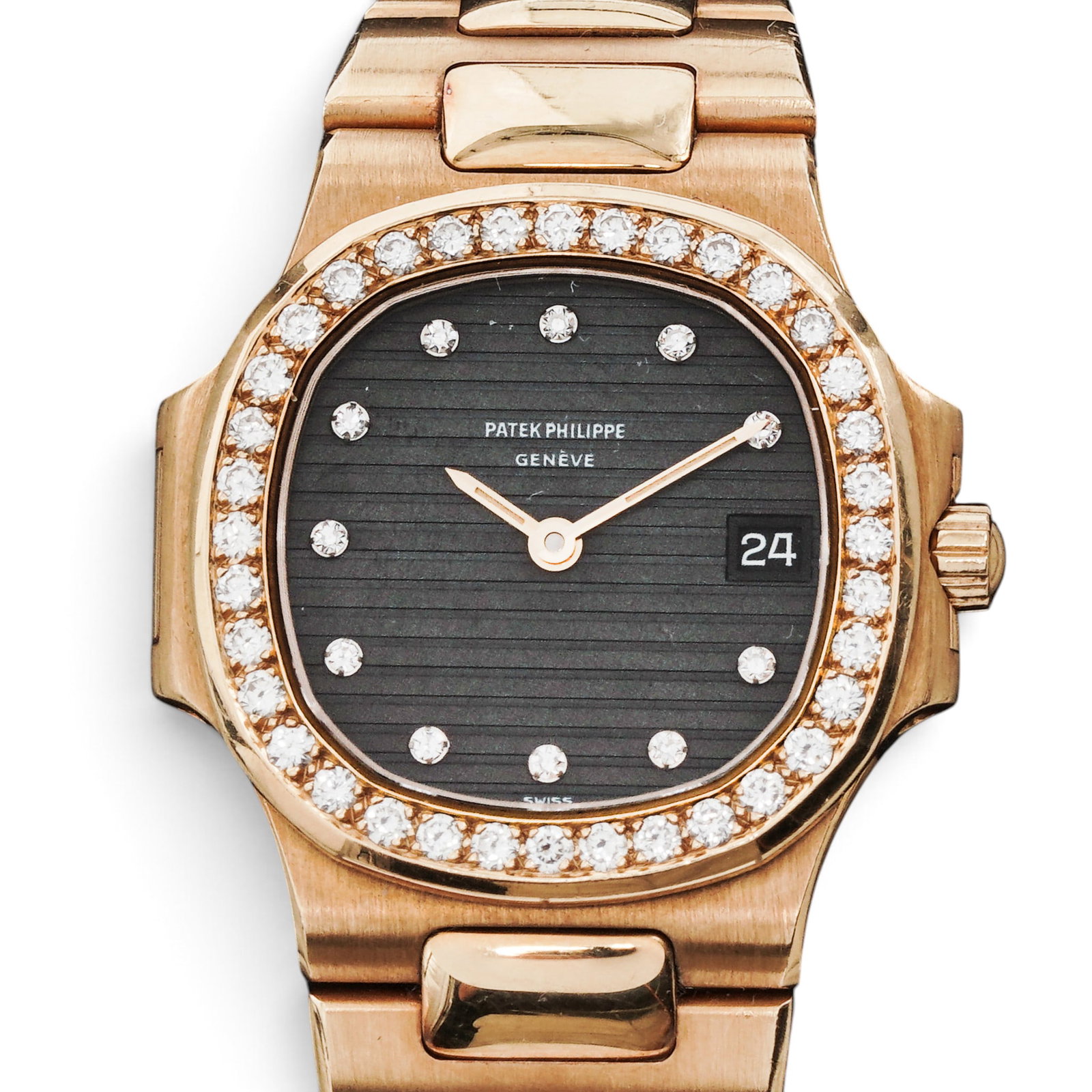 Patek Philippe "Nautilus" 18K Gold Diamond Ladies Watch REF 4700/003: Patek Philippe "Nautilus" 18K Gold Diamond Ladies Watch REF 4700/003 1980s, Swiss Patek Philippe Nautilus Ref. 4700/003 ladies quartz wristwatch with rounded octagonal 18K yellow gold case, diamond-se