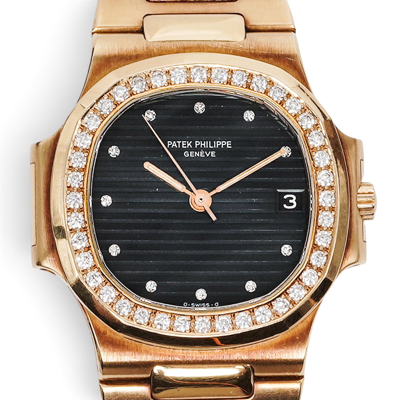 Patek Philippe "Nautilus" 18K Gold Watch REF 3800/003: Patek Philippe "Nautilus" 18K Gold Watch REF 3800/003 1984, Swiss Patek Philippe Nautilus Ref. 3800/003 18K yellow gold automatic wristwatch with rounded octagonal case, diamond-set bezel, black horiz