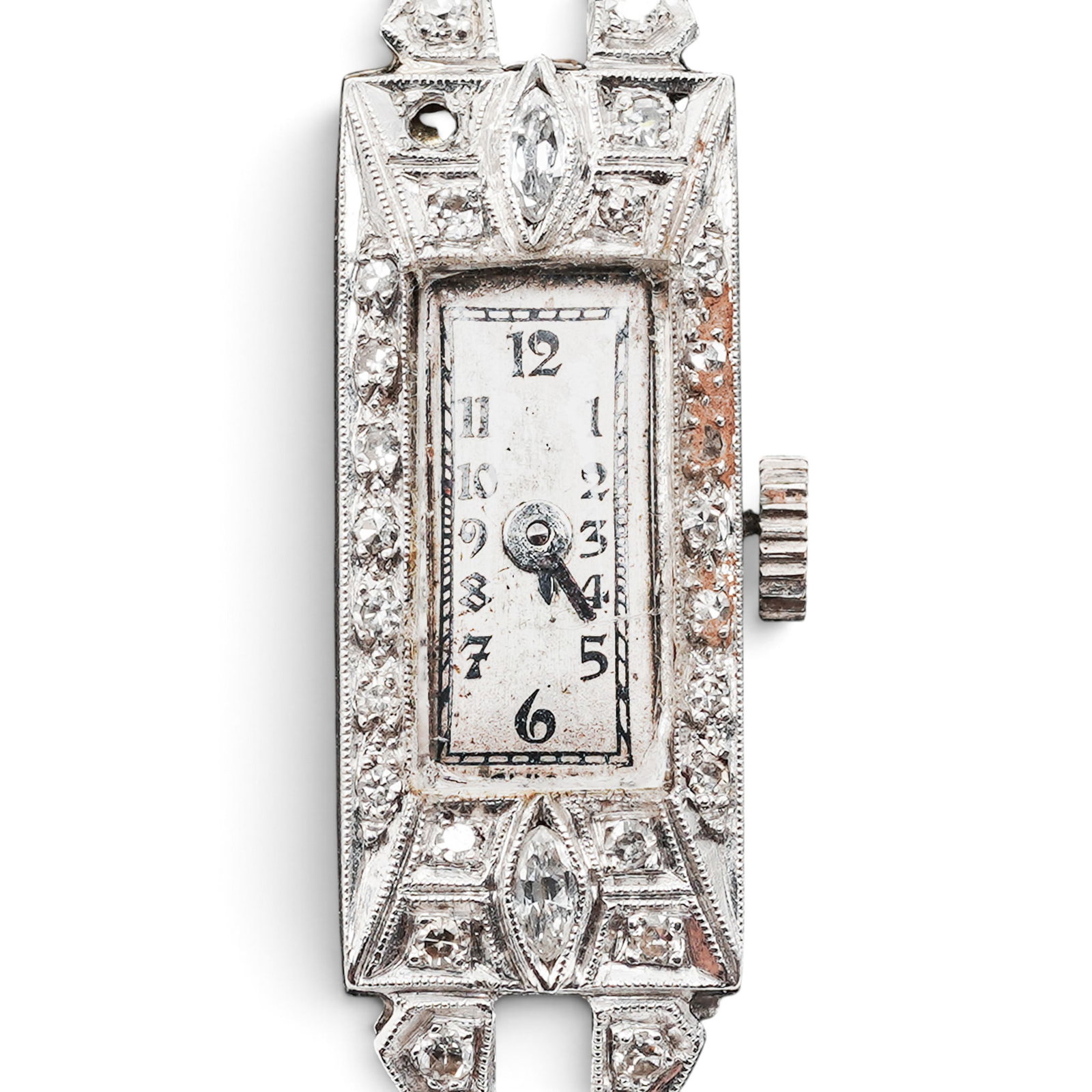 Antique Art Deco Platinum & Diamond Ladies Watch: Antique Art Deco Platinum & Diamond Ladies Watch 1920s-1930s, Swiss Antique manual-wind ladies cocktail wristwatch with platinum Art Deco diamond-set case and bracelet, rectangular silvered dial with 