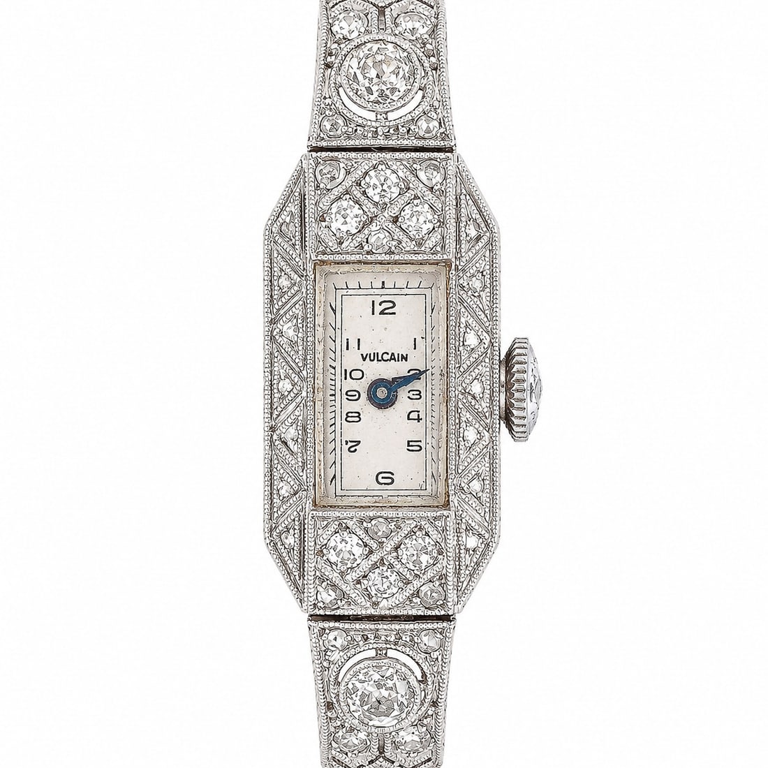 Antique Art Deco Vulcain Platinum & Diamond Ladies Watch: Antique Art Deco Vulcain Platinum & Diamond Ladies Watch 1920s-1930s, Swiss Antique platinum Vulcain manual-wind cocktail wristwatch with engraved Art Deco case, rectangular signed dial, black Arabic 