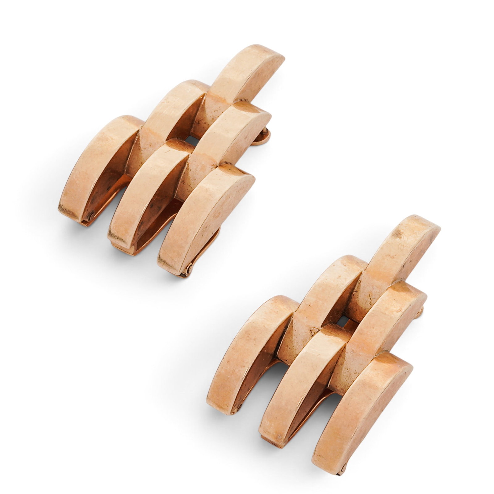 Pair Vintage Cartier 14k Gold Dress Clips: Pair Vintage Cartier 14k Gold Dress Clips Late 20th Cent, France Pair of Cartier cufflinks crafted in 14K gold, featuring a bold geometric interlocking design with polished rectangular bars. Markings: